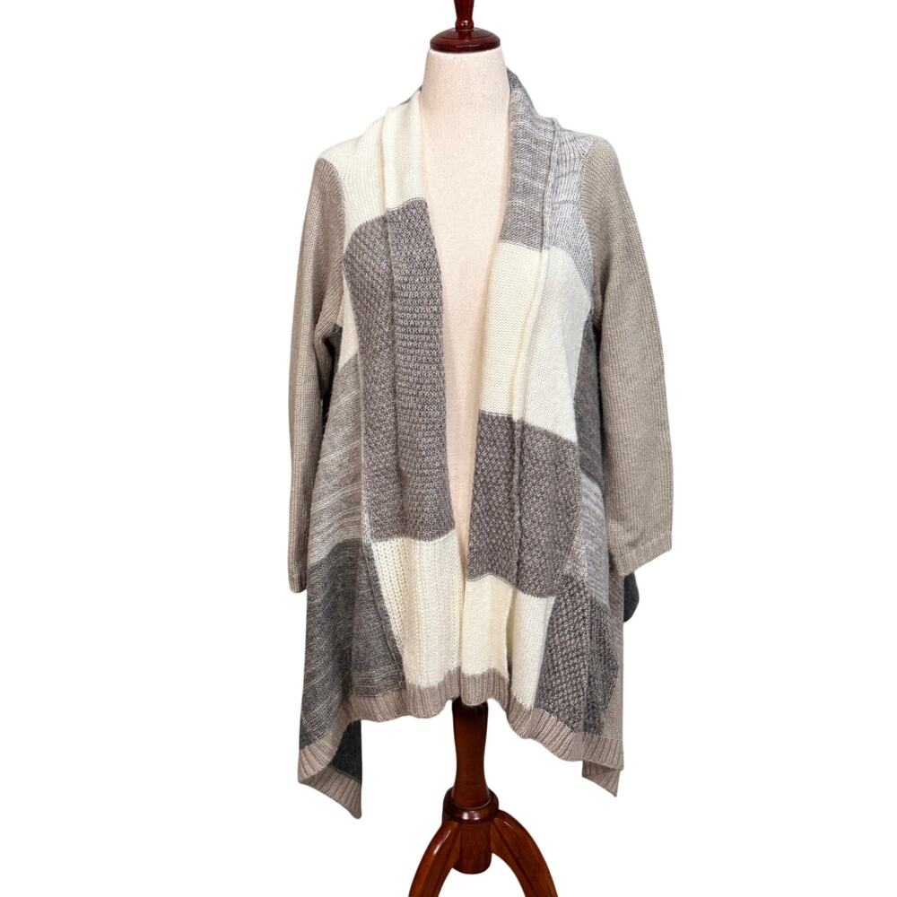 Chico's colorblock cardigan sweater tan cream open drape front relaxed Sz 2 US L